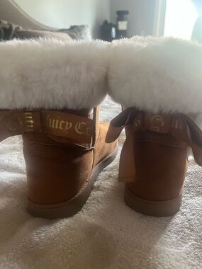 Juicy Couture Brown Suede Fur-Trim Ribbon Back Ankle Boots